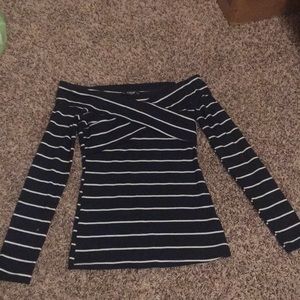 Blue and white strip off the shoulder long sleeve